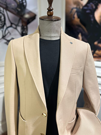 Guild Slim Fit Gümülcine Krem Örme Torba Cep Ceket