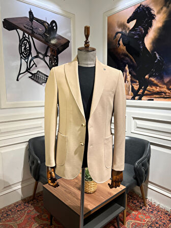 Guild Slim Fit Gümülcine Krem Örme Torba Cep Ceket