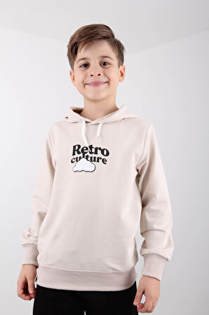 Rahat Kesim Kapüşonlu Retro Culture Baskılı Sweatshirt Taş