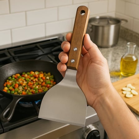 ® Ahşap Saplı Paslanmaz Çelik Spatula – 24cm Eğilimli Çok Amaçlı Mutfak Spatulası | Izgara, Burger, Sebze, Temizlik için Profesyonel Metal Spatula