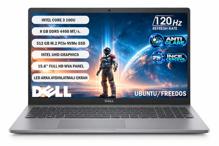 DELL PRO 15 ESSENTİAL INTEL CORE 3-100U 8GB 512GB FHD 15.6" 120Hz UBUNTU PV15250 NOTEBOOK