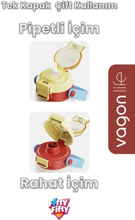 360 ML Çocuk Termosu Tek Kapak Çift Kullanım Pipetli Rahat İçim Kulplu Paslanmaz Çelik Termos 1104-360ML Lila