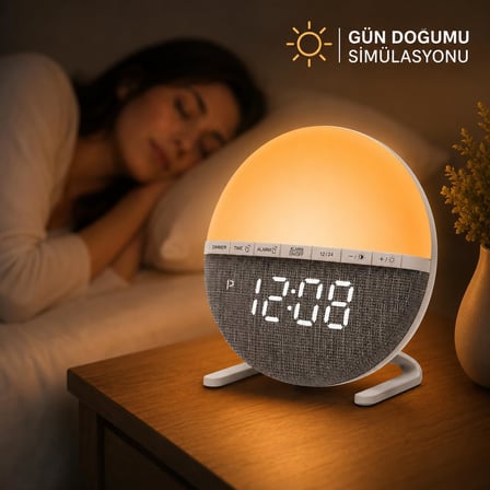 Adornist Gün Doğumu Simülasyonlu Alarmlı Saat – Uyandırma Lambası ve Gece Lambası, 10 Işık Seviyesi, Tek Sesli Alarm, Tek Tuşla Erteleme, 12/24 Saat, Kablolu, Yatak ve Çocuk Odası