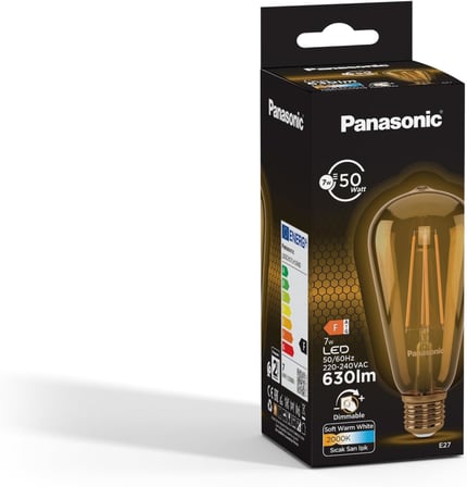 Panasonic E27 Dim Edilebilir Filaman ST64 Lamba 7W 630LM 2000K Gold
