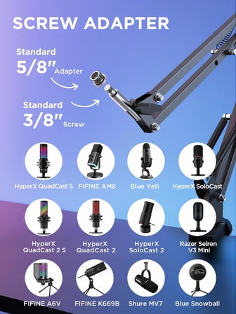 Mikrofon Kolu, Yükseltilmiş Mikrofon Kolu Mikrofon Standı Bom Süspansiyon Standı 3/8 inç ila 5/8 inç Vida Adaptör Klipsi Siyah Yeti Snowball, Yeti Nano, Yeti x ve diğer Mikrofon için