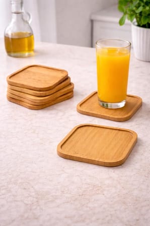 6’lı Kare Bambu Bardak Altlığı Seti 10 cm– Kaymaz, Dayanıklı, Şık Tasarım, Sunumluk