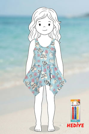 Girl Power Çiçek Desenli Kız Çocuk Mavi Mayo Elbise