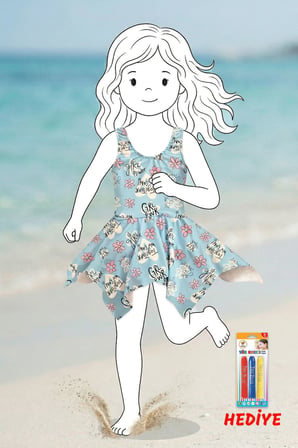 Girl Power Çiçek Desenli Kız Çocuk Mavi Mayo Elbise