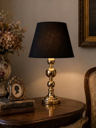 Siyah Kumaş Başlıklı Metal Toplu Gold Ayaklı Modern Abajur 60x25cm
