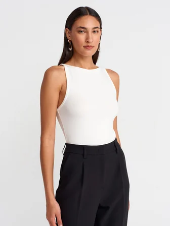 Halter Yaka Top-Toz Ekru