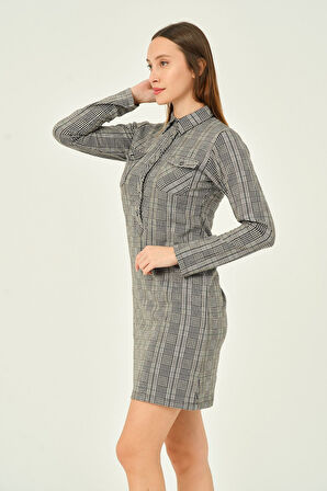 Ekose Desenli Uzun Kollu Düğmeli Midi Boy Pamuklu Jakarlı Elbise