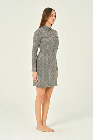 Ekose Desenli Uzun Kollu Düğmeli Midi Boy Pamuklu Jakarlı Elbise