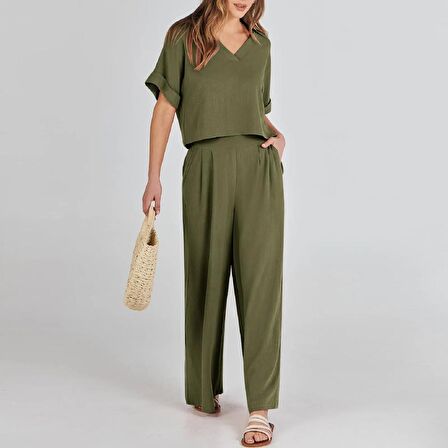 Barbora Zarif Kadin T-shirt ve Uzun Pantolon Alt Üst İkili Takım V Yaka Kısa Kollu Salaş Rahat Elbise  ln27haki