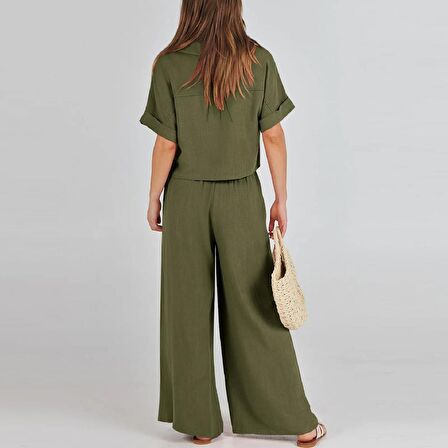 Barbora Zarif Kadin T-shirt ve Uzun Pantolon Alt Üst İkili Takım V Yaka Kısa Kollu Salaş Rahat Elbise  ln27haki