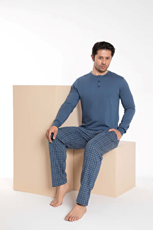 Erkek 3 Düğmeli Ekose Desenli Pamuk Likra Mevsimlik Modal Uzun Kol Manşetli Cepli Pijama Takımı