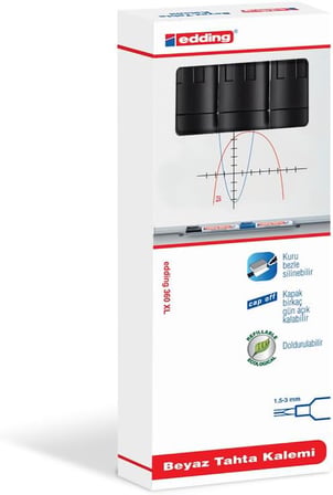 360 Xl Beyaz Yazı Tahtası Kalemi, Siyah, 3'Lü Set, Yeniden Doldurulabilir