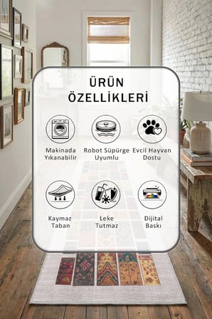 Valeri Dijital Baskılı Kaymaz Yıkanabilir Yolluk - Leke Tutmaz Açık Gri