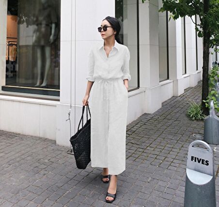 Barbora Keten Günlük Rahat Beli Bağcık Detaylı Uzun Kol Elbise LN07ekru2