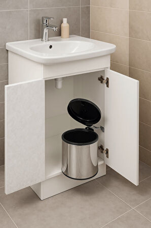 Banyo, Mutfak Dolabı İçi 11 Litre Metal Çöp Kovası – Krom, Tüm Dolaplara Uyumlu Tezgah Altı Çöp Kova