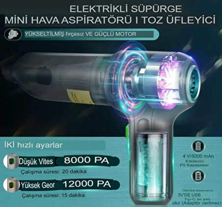 Auhma 12000Pa Şarjlı Profesyonel Vakumlu Emiş ve Üfleme Özellikli Mini Araç Süpürgesi