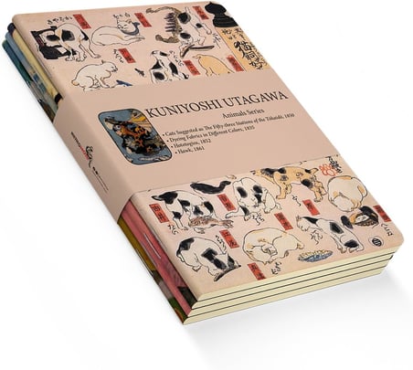 Retronote Animals Series - A5, Kuniyoshi Utagawa 4'lü Defter Seti II, Çizgisiz, Toplam 256 Sayfa, Her biri 64 Sayfa, Tel Dikiş, Esnek Kapak, Oval Kenar, Tuval Doku, 60 gram, Sarı Krem Renk
