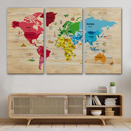 Harita Sepeti Ahşap Görünümlü Dünya Haritası Dekoratif Kanvas Tablo 2107