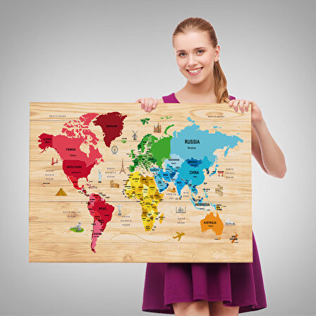 Harita Sepeti Ahşap Görünümlü Dünya Haritası Dekoratif Kanvas Tablo 2107