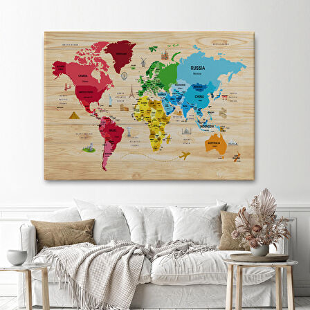 Harita Sepeti Ahşap Görünümlü Dünya Haritası Dekoratif Kanvas Tablo 2107