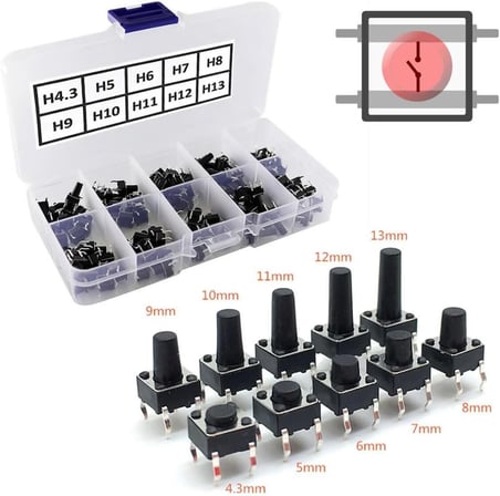 Alkatronik 200 Adet 6x6mm Tact Buton Set 10 Farklı Yükseklikte 4 Pin Dokunmatik Anlık Basmalı Düğme Anahtar