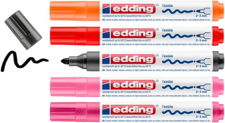 4500 tekstil kalemi - siyah, 2x kırmızı, turuncu, pembe - 5'li set - 2-3 mm yuvarlak uç