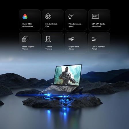 Rampage S51 Icevolt Siyah RGB Işıklı 8 Fanlı LCD Göstergeli 16 Kadar Yükselebilen Notebook Soğutucu