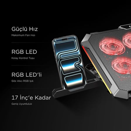 Rampage S51 Icevolt Siyah RGB Işıklı 8 Fanlı LCD Göstergeli 16 Kadar Yükselebilen Notebook Soğutucu