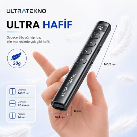 S7 Dijital Ekranlı Şarjlı Lazer Sunum Kumandası – Type-C, 100 m Menzil, Kablosuz 2.4G, PowerPoint/Keynote Uyumlu, USB Alıcılı, Manyetik Saklama, Ergonomik Tasarım