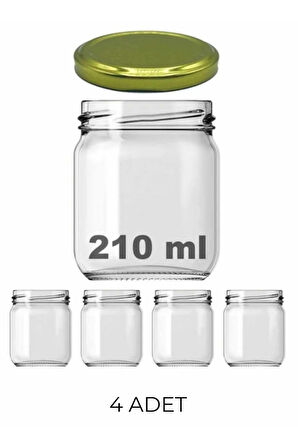 4 Adet 210 ml Cam Kavanoz Mama Yoğurt Saklama Metal Gold Altın Konserve Kapaklı 210 Cc