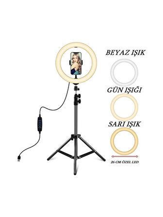 Makyaj, Vlog ve İnfluencer Çekimleri İçin LED Ring Işık Tripodlu - 3 Farklı Işık Modu
