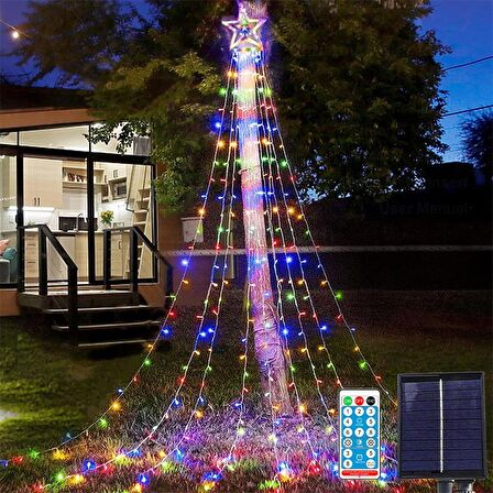 RGB Tepe Yıldızlı Güneş Enerjili Yılbaşı LED Işığı, Kumanda ve Animasyonlu Noel  Ağaç Duvar Işığı 