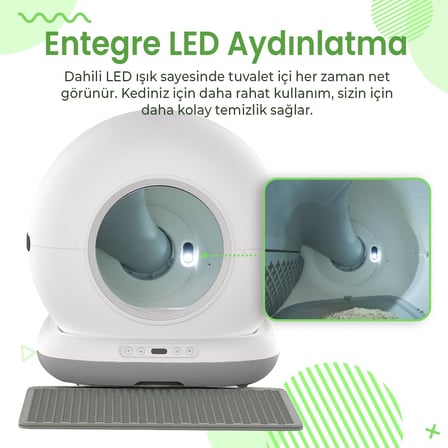 CB001 Akıllı Otomatik Kedi Tuvaleti, APP ile Uzaktan Kontrol, 75lt Hazne, 7lt Çöp haznesi, Ağırlık sensörlü, 45 Adet Çöp Torbası + Elekli Kum Paspası Hediyeli (Gri)