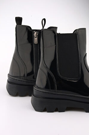 Yüksek Taban Lastikli Fermuarlı Rugan Siyah Çocuk Bot