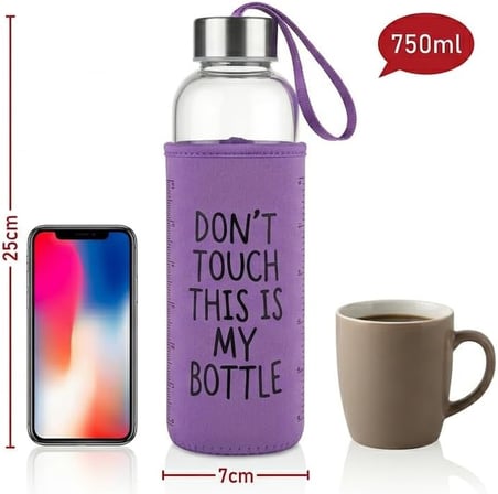 Cam Matara 750ml Neopren Kılıflı Sızdırmaz Kapaklı Su Şişesi Karışık Renk (2 Adet Cam Pipet Hediyeli)
