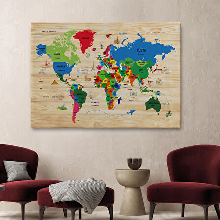 Harita Sepeti Ahşap Görünümlü Türkçe Dünya Haritası Dekoratif Kanvas Tablo 2110