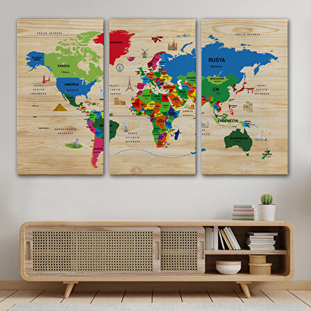 Harita Sepeti Ahşap Görünümlü Türkçe Dünya Haritası Dekoratif Kanvas Tablo 2110