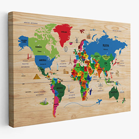 Harita Sepeti Ahşap Görünümlü Türkçe Dünya Haritası Dekoratif Kanvas Tablo 2110