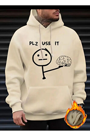 PLZ USE IT Baskılı Kapüşonlu Sweatshirt