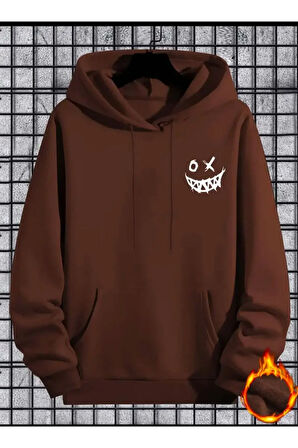Gülümseyen Yüz Baskılı Kapüşonlu Sweatshirt