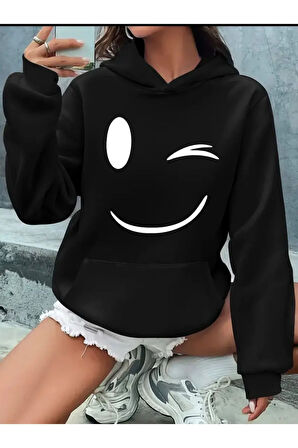 Gülen Emojili Baskılı Kapüşonlu Sweatshirt
