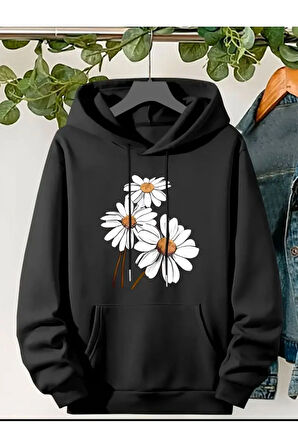 Papatya Baskılı Kapüşonlu Sweatshirt