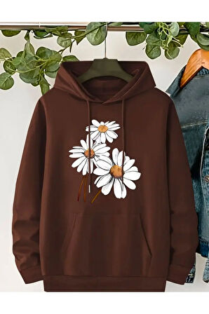 Papatya Baskılı Kapüşonlu Sweatshirt