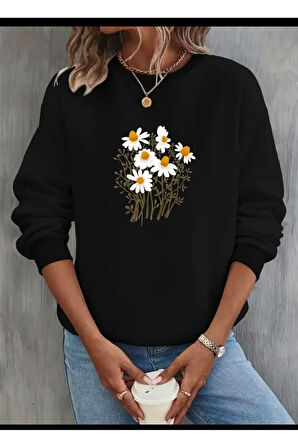 Papatya Demeti Baskılı Bisiklet Yaka Şardonlu Sweatshirt