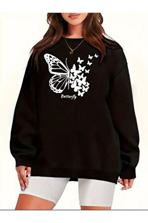 Kelebek Desenli Kapüşonlu Cepli Sweatshirt
