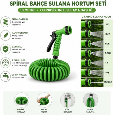 10 Metre Spiral Bahçe Sulama Hortumu Seti, 7 Fonksiyonlu Sprey Tabancalı Uzayabilir Kompakt Hortum, Evye ve Batarya Uyumlu Pratik Bahçe Hortumu, Araç Yıkama Balkon Teras Çiçek Sulama